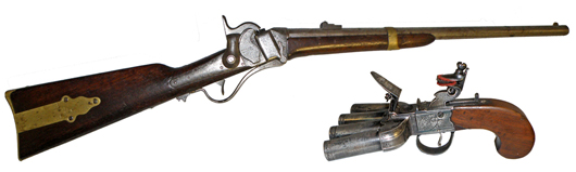 Mid-19th-century M1855 Sharps carbine and one of two “duck's foot” pistols in the auction. Mosby & Co. image